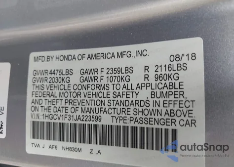 2018 Honda Accord Sport from USA, damaged, VIN 1HGCV1F31JA223599